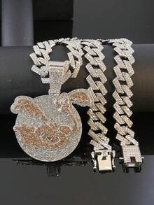 Hip Hop Full Rhinestone Flamingo Runner Pendant Cuban Chain Necklace, Heavy Rhinestone Inlaid Cuban Chain Rap Style Birthday Personalized Gift Jewelry - Cartoon Ostrich Pendant Necklace - View 12