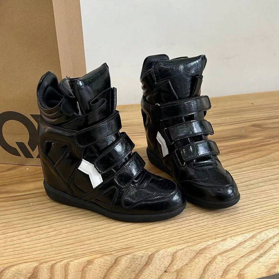 Sneaker con zeppa nascosta da donna, scarpe da ginnastica alte retrò con piattaforma, scarpe chunky alla moda con pannelli , casual streetwear - Tutto nero - Visualizzare 1