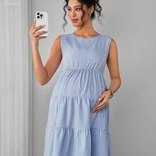 xuehuamaoyi02 Momance Vestido de maternidad elegante con lazo, escote en V y estampado de rayas - Azul - Ver 8