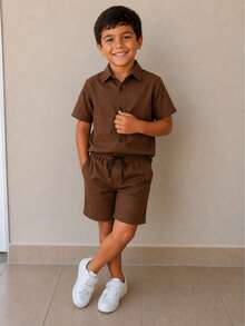 Boys' Comfortable Shirt And Shorts Set In Viscose Linen - Óxido marrón - Ver 5