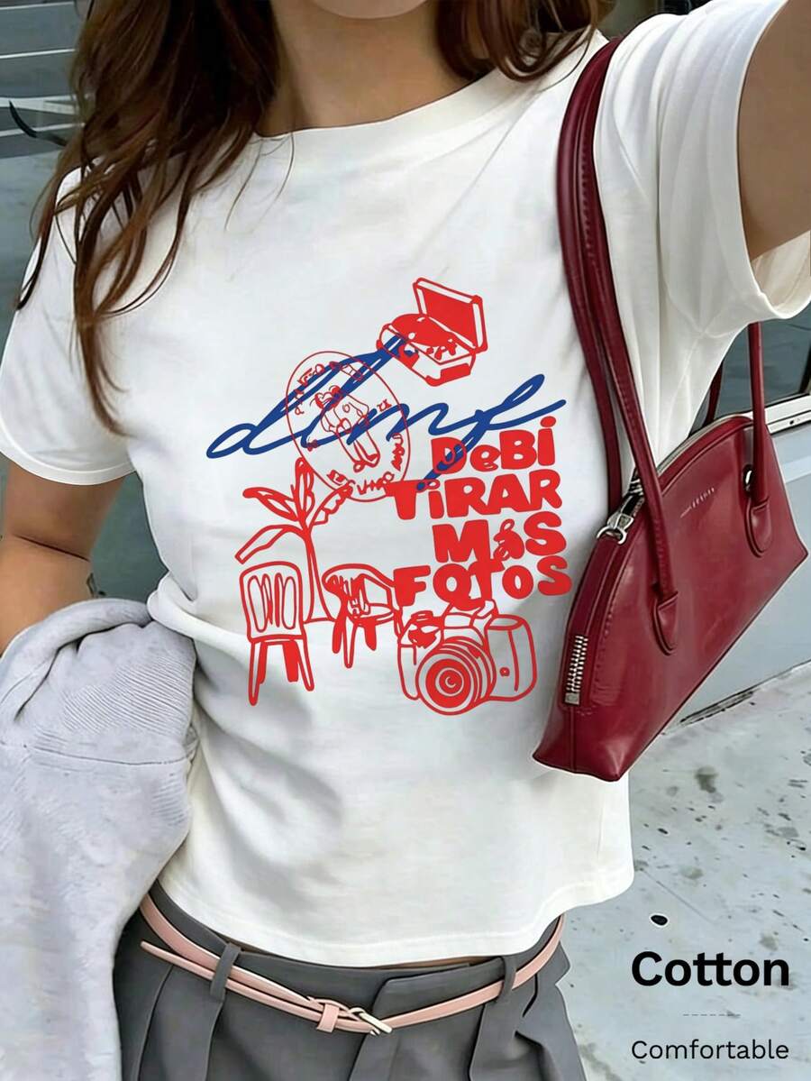 夏季圓領 DTMF 圖案修身標準肩寬 T-shirt,度假旅行海灘穿搭 - 白色7 - 查看 1