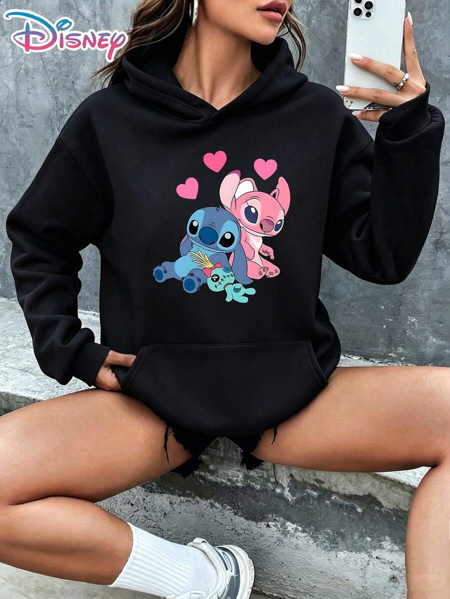 Disney Lilo & Stitch Stitch Angel Scrump Family Trio Love Hearts Cute Cartoon Graphic Pullover Hoodie Women's Casual Daily Wear Long Sleeve Soft Comfortable Loungewear Couple Matching Outfit Gift For Animation Fans It Is A Gift For Fans And Friends, And It Is Also A Perfect Gift Choice For Lovers, Relatives And Friends. - Black - View 1