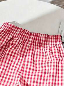 1pc Teen Girls Black And White Plaid Shorts, Casual Cute, Random Cut Design, Suitable For Beach Vacation, Birthday Party, Back To School Season - Red - View 3