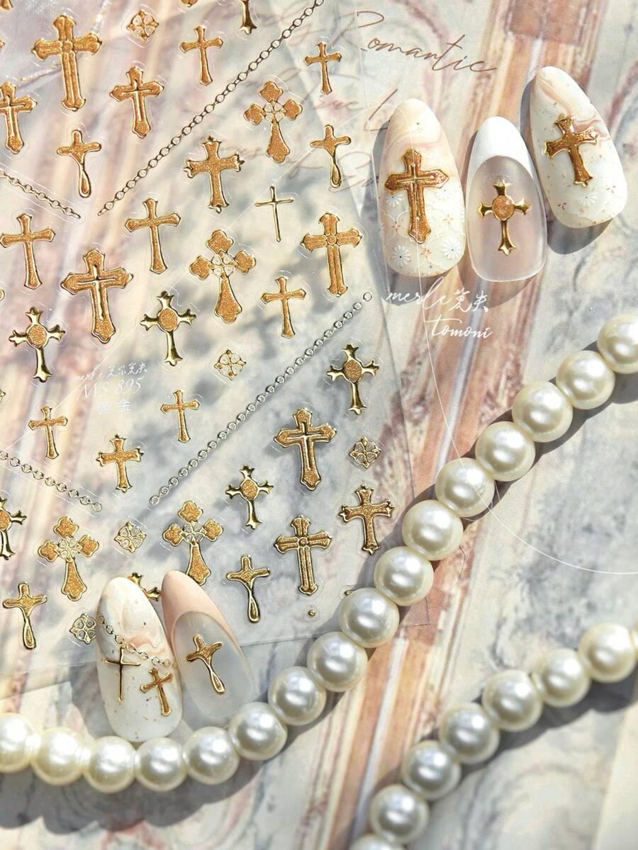 Adesivi per unghie 5D in rilievo lussuosi con croce e catena, glitter dorati, stile religioso, Dark Academia/Barocco vintage/Moda subculturale, decalcomanie autoadesive per unghie, arte di unghie fai-da-te per uso quotidiano, feste, salone di bellezza, 1 foglio