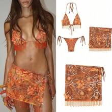 Boho Floral Beaded Tassel 3 Piece Bikini Set Halter Triangle Thong Bikini With Mesh Sarong Skirt Cover Up Y2K Festival Beach Swimwear - Bikini - Ver 1