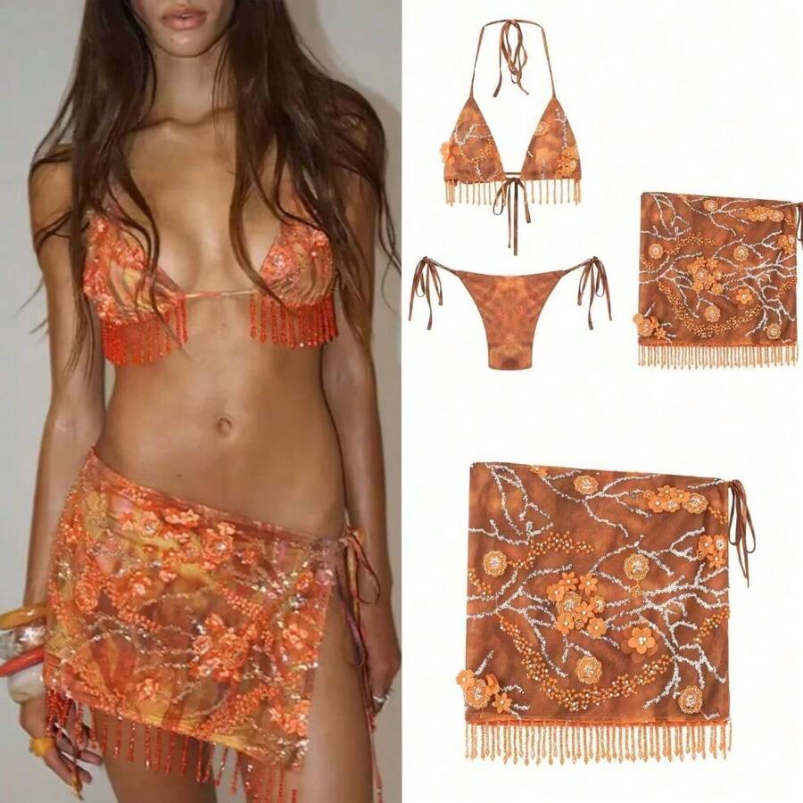 Boho Floral Beaded Tassel 3 Piece Bikini Set Halter Triangle Thong Bikini With Mesh Sarong Skirt Cover Up Y2K Festival Beach Swimwear - Bikini - Ver 1