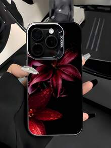 1pc Black Matte IMD Personalized Cold Tone Red Wet Flower Pattern Phone Case, Compatible With IPhone 16 Pro Max/17/16/15/14 Plus/13/12/11/Air And Series - Multicolor - View 2
