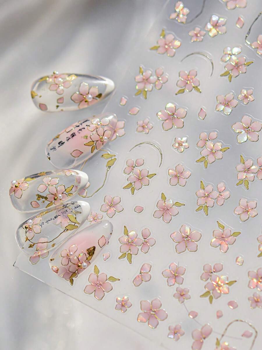 1sheet Elegant Pink Flower Rose Colourful Gentle Petal Peach Blossom Metal Shiny Self Nail Art Sticker Decoration Manicure Decal Nail Stickers - Multicolor - View 1