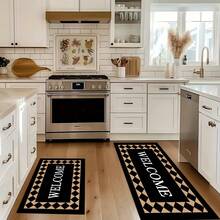 1 pieza Tapete de cocina con estampado de tablero de ajedrez negro & dorado con patrón WELCOME, tapete antideslizante para piso, tapete decorativo para fiestas festivas, alfombra, tapete resistente al aceite, alfombra de secado rápido, adecuado para cocina, pasillo, baño, lavandería, decoración del hogar - Multicolor - Ver 6