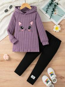 2pcs/Set Young Girl Casual Embroidery Cartoon Long Sleeve Hooded Knit Top And Long Pants Outfit, Spring & Autumn - Purple - View 1