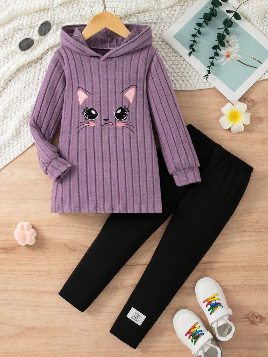 2pcs/Set Young Girl Casual Embroidery Cartoon Long Sleeve Hooded Knit Top And Long Pants Outfit, Spring & Autumn - Purple - View 1