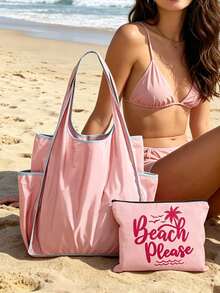 Foldable Beach Tote Bag & Pouch Set, "Beach Please" Print, Large Capacity Beach Shoulder Bag, Water Resistant Casual Handbag, Travel Cosmetic Bag, Casual Summer Vacation & Daily Use Storage Bag, Multifunctional Shopping Bag, Suitable For Shopping, Travel, Outdoor Activities, School, Daily, Unique Birthday Gifts, Holiday Gifts, Party Gifts, Vacation Gifts, Back-To-School Gifts, Anniversary Gifts - Multicolor - View 9