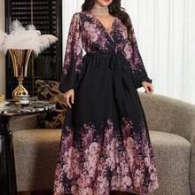 dagjydgfyja  Vestido elegante negro de talla grande con estampado floral elegante y romántico para vacaciones - Morado - Ver 6