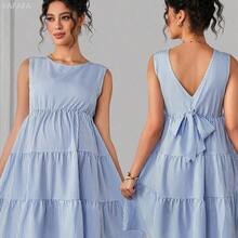 xuehuamaoyi02 Momance Vestido de maternidad elegante con lazo, escote en V y estampado de rayas - Azul - Ver 10