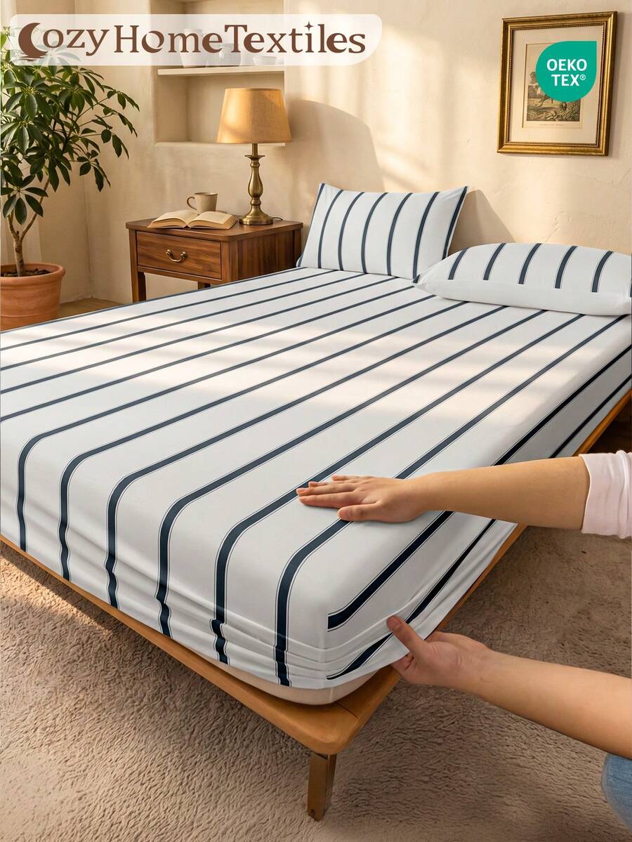 1pc Fitted Sheet, Bedding, Fitted Sheet, Fitted Sheet, Mattress Cover, Soft & Comfortable Mattress Protector, Home Decor, Blue & White Striped Minimalist Fitted Sheet, Without Pillowcase, Suitable For Twin, Full, Queen, King Bed, Bedding Gift, Machine Washable, Oeko-Tex Certified