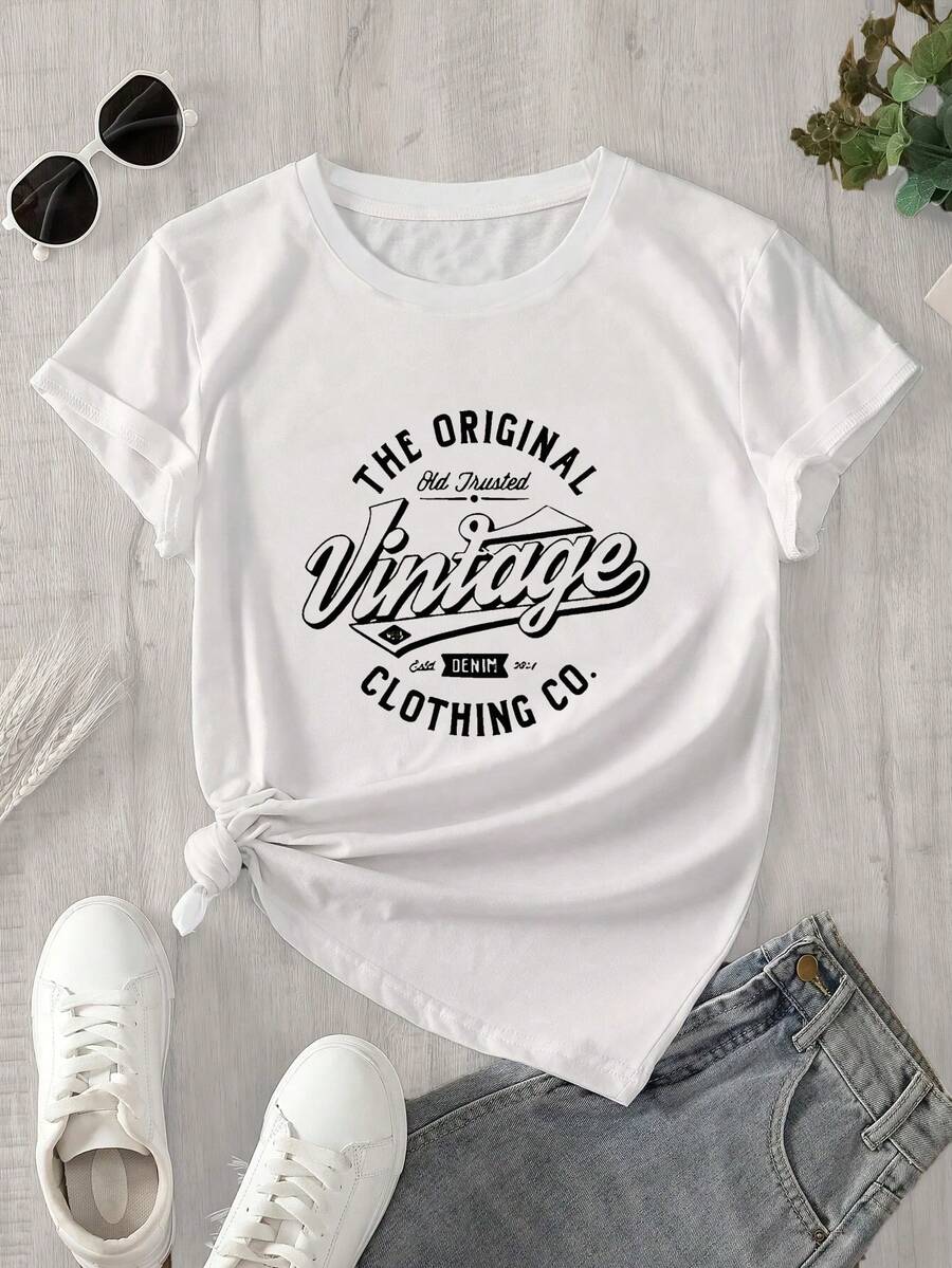 Prenda original de mujer de manga corta y cuello redondo: diseño estampado apto para todas las estaciones. - Blanco - Ver 1