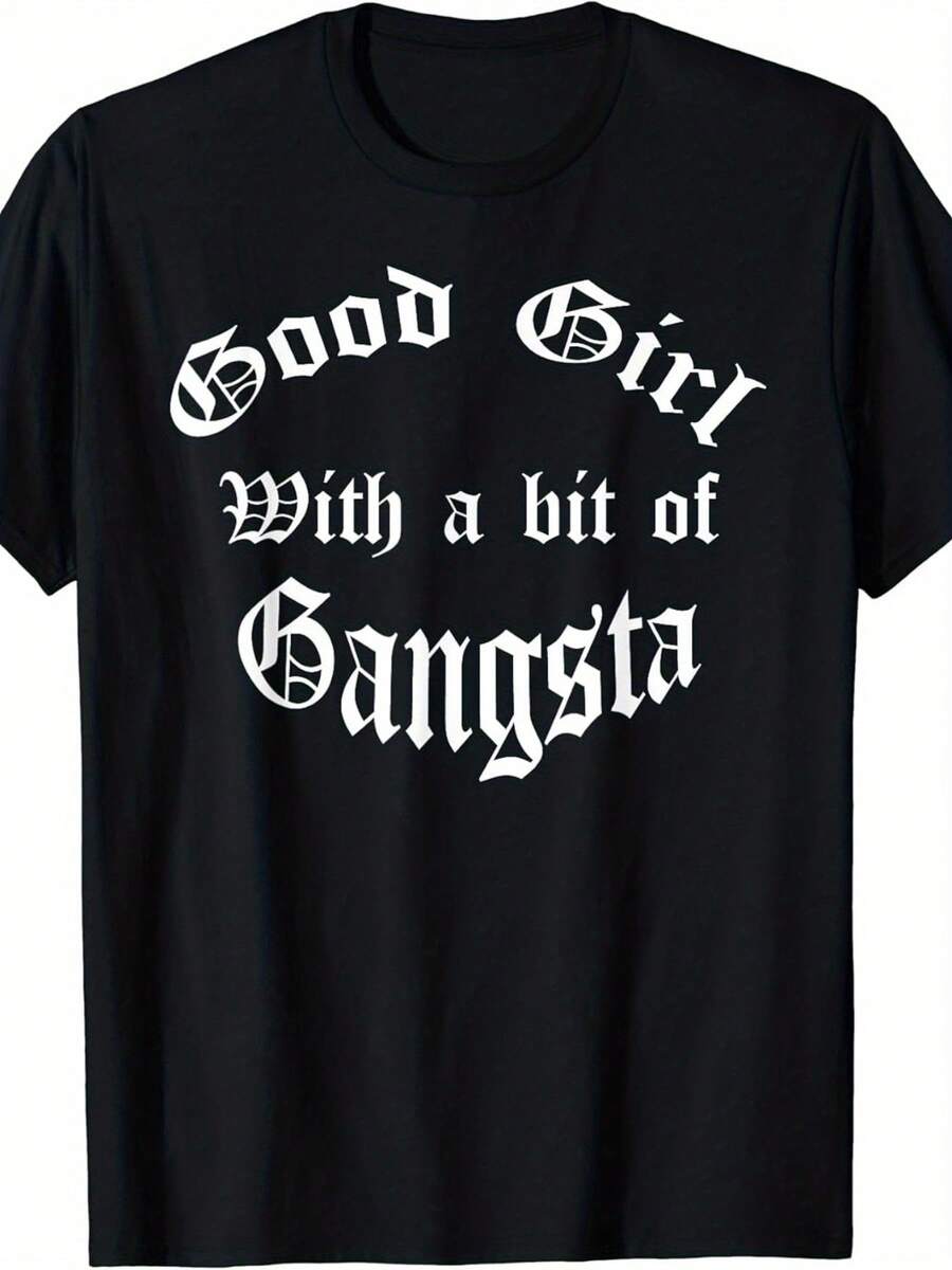 Camiseta Good Girl con un Toque de Chola Gangsta Old English,100% Algodón - Negro - Ver 1