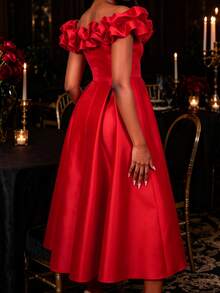 AOMEI Women's Sexy Vintage Red Pleated Off Shoulder A-Line Dress, 3D Ruffle High Waist Fashion Elegant Party, Date, Holiday, Wedding Guest Dress - Red - View 6