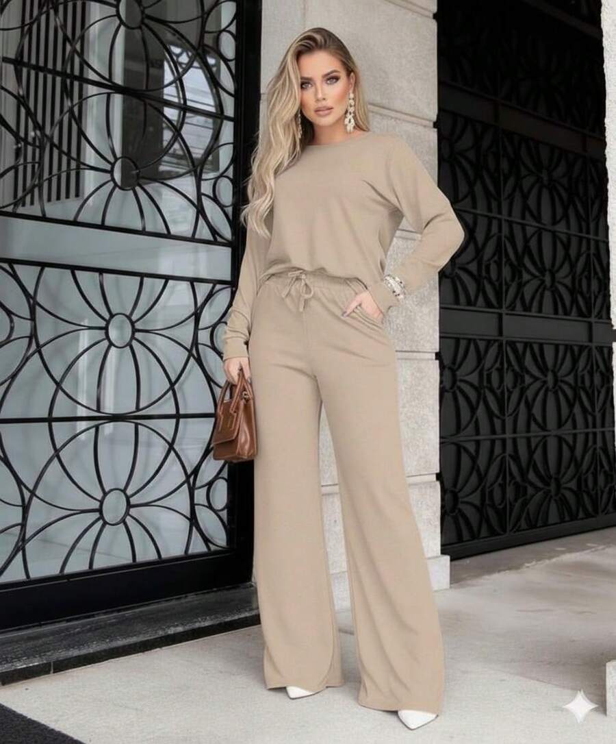 Women's Winter Set With Wide-Leg Pants - 米色 - 查看 1
