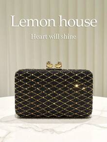 1pc Black Glitter Luxury Rhinestone Decor Box Clutch Bag, Metal Chain Shoulder Strap, Fashion Elegant Handbag, Suitable For Evening Party, Wedding, Formal Occasions, Gift For Women - Black - View 2