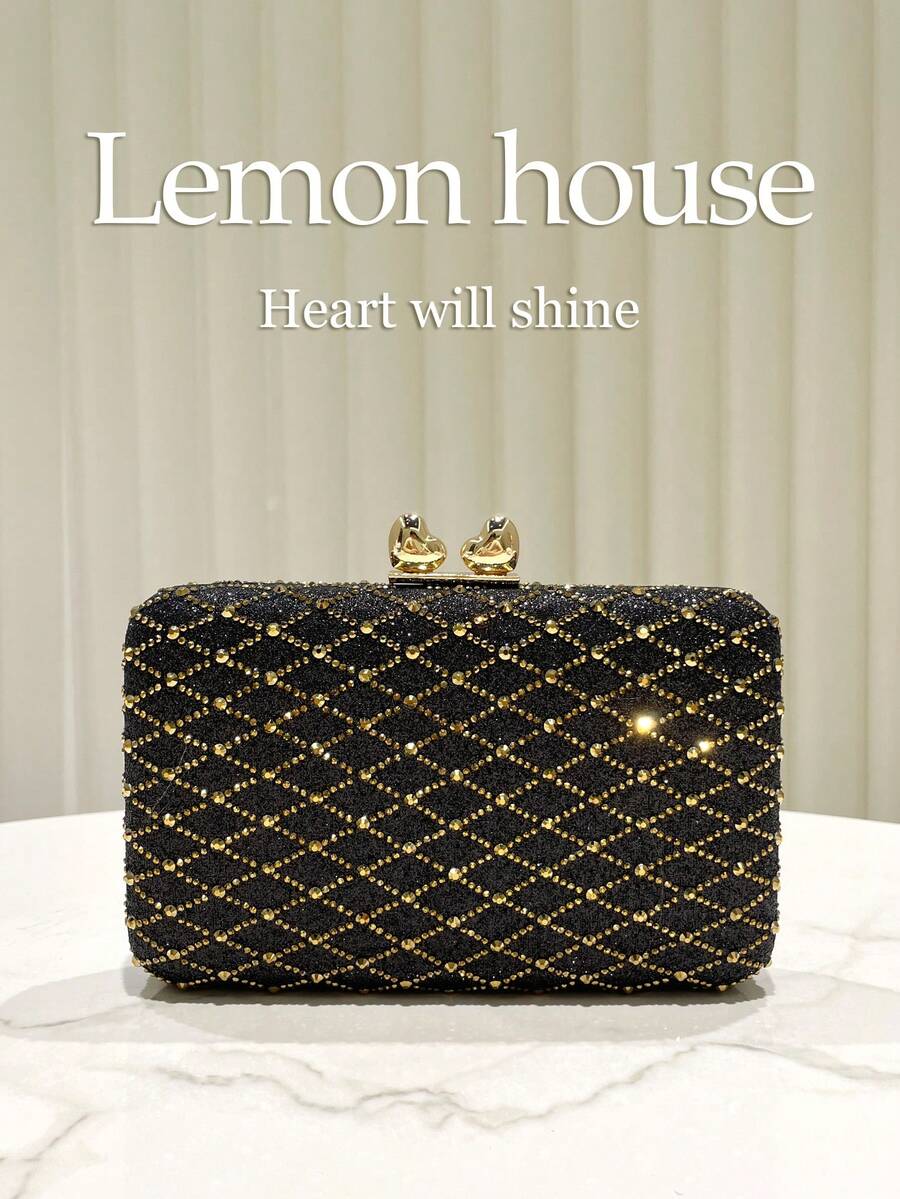 1pc Black Glitter Luxury Rhinestone Decor Box Clutch Bag, Metal Chain Shoulder Strap, Fashion Elegant Handbag, Suitable For Evening Party, Wedding, Formal Occasions, Gift For Women