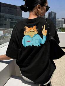 Vintage Frog Peace Sign Print T-Shirt, Front Back Graphic, Round Neck Short Sleeve, Comfortable Breathable Casual Top, Spring - 黑色 - 查看 2