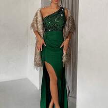 xuehuamaoyi02  Vestido elegante de cintura alta con pliegues laterales y abertura, falda larga con parches de lentejuelas y asimétrico, vestidos de mujer para fiestas, cumpleaños, cena, damas de honor, vestidos sexy, semi formales y largos de gala para mujer - Rosa Fucsia - Ver 6
