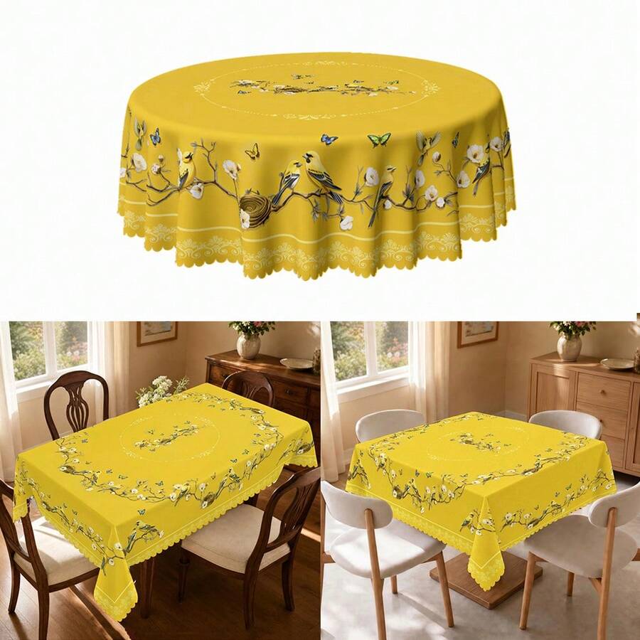 1pc Bird Floral Butterfly Print Polyester Tablecloth, Suitable For Kitchen, Dining Room, Holiday, Birthday Banquet, Party Table Decoration - Multicolor - View 1