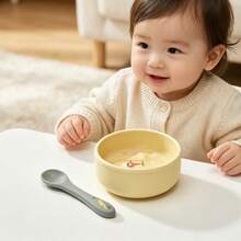Baby Silicone Feeding Bowl With Spoon Cute Pattern Infant Tableware Yellow Pink Optional Baby Eating Bowl Set - 彩色 - 查看 3