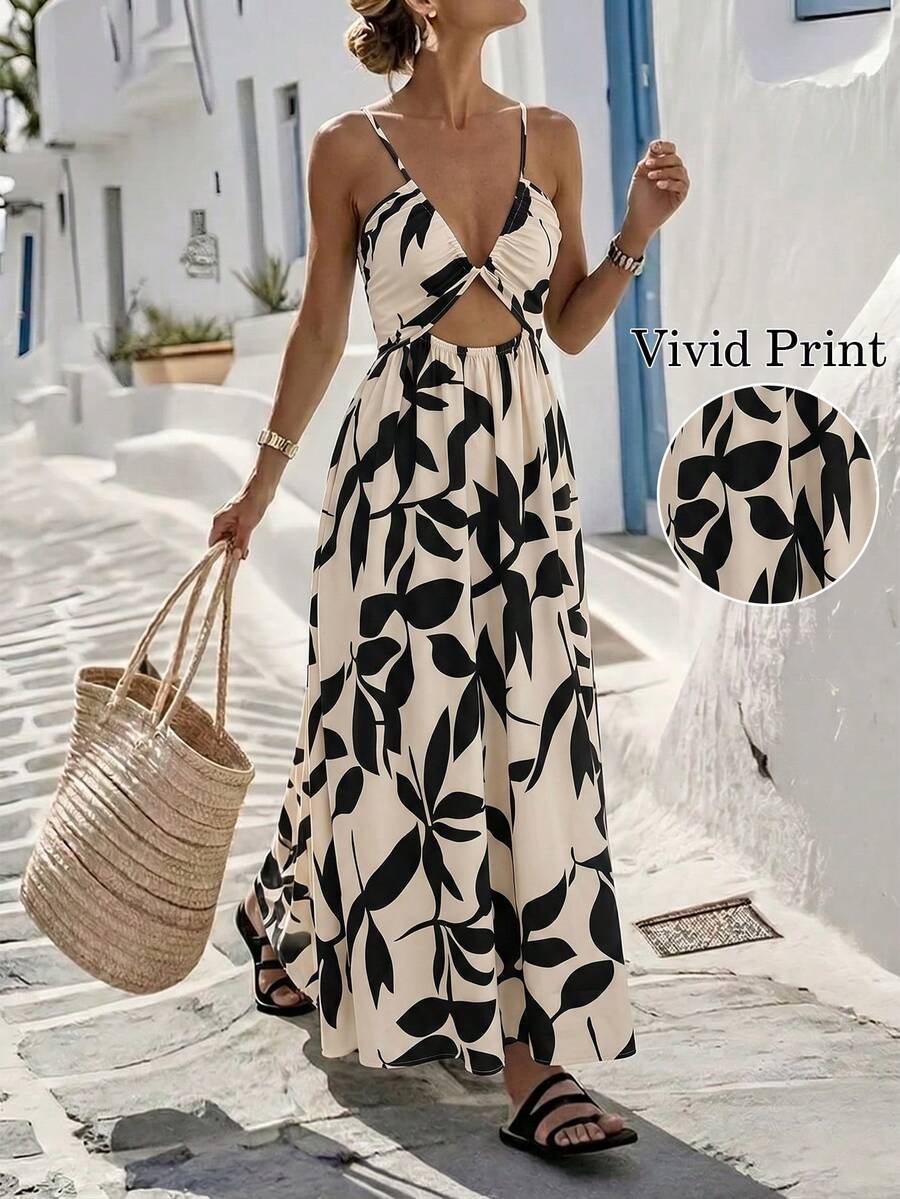 Vestido con estampado de hojas en blanco y negro, sin espalda con lazo, vestido casual de verano para vacaciones, playa y fiesta elegante - Albaricoque - Ver 1