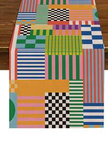 1 Pc Checkerboard & Striped Block Print Table Runner Vibrant Modern Abstract Style Table Runner Washable Suitable For Outdoor Indoor Party Kitchen Home Dining Table Center Can Be Used For Living Room Rectangular Dining Table Restaurant Decoration - Multicolor - View 6
