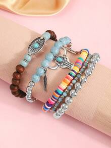 1 Set Bull Head Boots Turquoise Wood Bead Elastic Cord 5pcs Children's Bracelet Bangle - A - View 5