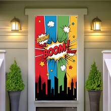1pc Pop Art Superhero Theme Door Banner, Comic Style BOOM Explosion Effect, City Silhouette Design, Suitable For Superhero Theme Parties, Comic Theme Events, Birthday Parties, Room Decorations, Door Decorations And Backgrounds. - A - View 5