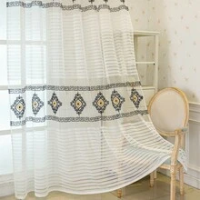 1pc White Striped Geometric Embroidered Eyelet Sheer Curtain, Modern Polyester Semi-Transparent Light-Filtering Window Curtain Suitable For Living Room Bedroom All Seasons - Multicolor - View 5