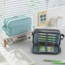 1 pièce Sac de papeterie à main de couleur unie, trousse à crayons en tissu Oxford à double couche, pochette de papeterie portable avec double fermeture éclair, sac à crayons grande capacité pour les élèves du primaire, du collège, du lycée et de l'université, fournitures de rentrée scolaire - Multicolore - Voir 4