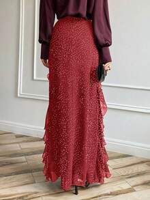 Coquette Polka Dot Ruffle Tiered Maxi Skirt - High Waist Flowy Chiffon Long Skirt For Date Night & Brunch - Rojo - Ver 3