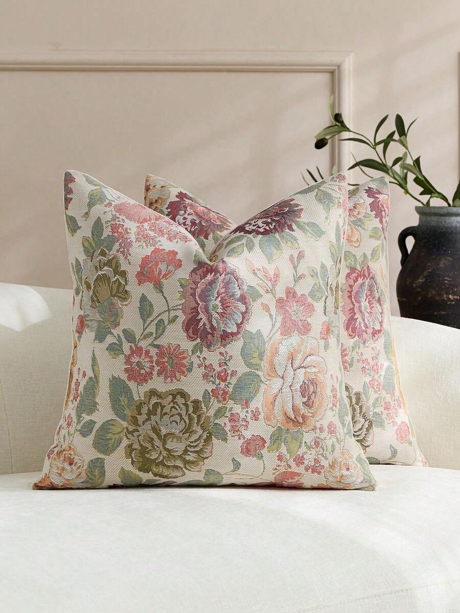 1 Peça/2pcs Branco Creme (Sem Enchimento) Capa de Almofada Decorativa com Estampa Floral Vintage, Capa de Almofada Decorativa Jacquard Rosa Chenille + Cashmere Falso Confortável e Retrô na Moda, Adequada para Decoração Doméstica Diária, Sofá, Cama, Quarto, Lembrança, Decoração de Feriados, Primavera Verão Outono Inverno, Todas as Estações (Posição da Flor Aleatória)