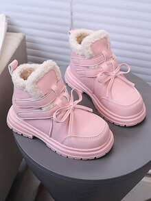 1 Pair Soft Sole Non-Slip Fashion Versatile Casual Sports Outdoor Leather Boots For Little Girls And Little Boys, Suitable For Winter - Pink - View 2