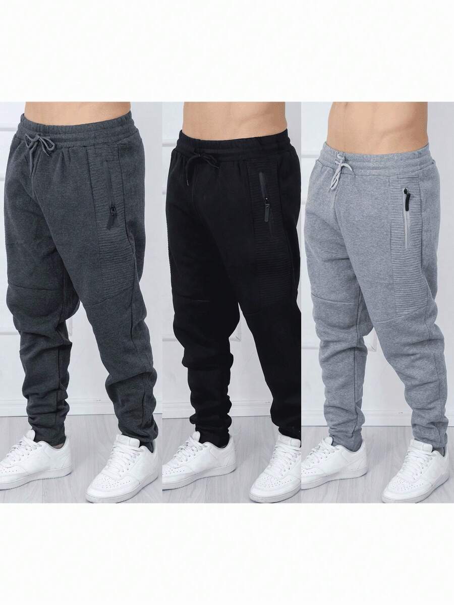 2-Piece Set Of Men's Fleece-Lined Sweatpants / Zippered Pockets / Elastic Waistband, Available In 3 Random Colors. - 黑色 - 查看 1