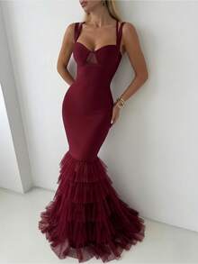 Vestido de tirantes finos con parches, malla y cola de pez - Burdeos - Ver 2
