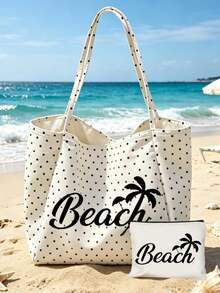 白色圓點海灘托特包，飾有「Beach」字母與棕櫚樹印花，大號帆布肩背包，海灘包，購物袋，適合購物與旅行，可折疊帆布肩背托特包，通勤包，平板電腦包，收納袋，夏季必備旅行包，適合海灘旅行、泳池日、購物與日常使用，適合女性、旅行者與海灘愛好者，完美適用於春假、復活節、母親節、度假與禮物 - 彩色 - 查看 11