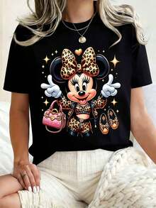 Disney Women Round Neck T Shirt Minnie Mouse Leopard Print With Pink Bag And Shoes Graphic Design Casual Summer Wear For Everyday Outings And Holidays 220g - màu đen - Xem 1