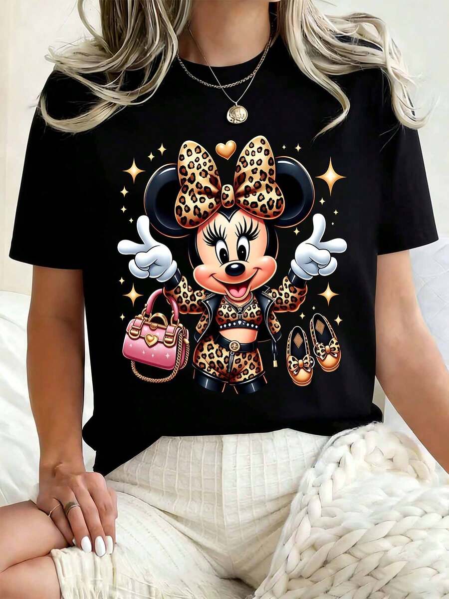 Disney Women Round Neck T Shirt Minnie Mouse Leopard Print With Pink Bag And Shoes Graphic Design Casual Summer Wear For Everyday Outings And Holidays 220g - màu đen - Xem 1