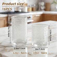 Tomnk 12/16pack Hobnail Drinking Glasses, 12 Oz Highball Glasses & 10 Oz Cocktail Glasses , Clear Embossed Boho Glass Cups Kitchen Bar Tumbler Glassware Set For Whiskey, Beer, Juice, Milk, Ideal Birthday Gift - Clear - View 6