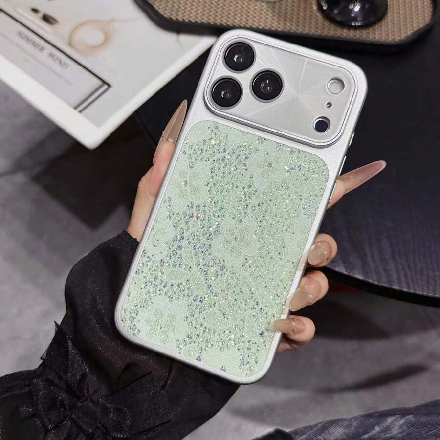 1個新款快速更換散熱手機殼 激光鏡片 亮片蕾絲紋理 適用於 Apple 17/16/15/14/13/12/11 Pro Max - 綠色 - 查看 1