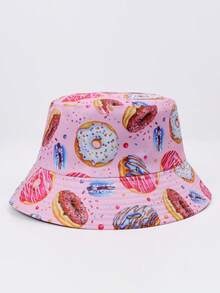 1pc Women's Reversible Donut Print Bucket Hat, Sweet Candy Pattern Sun Cap, Foldable UV Protection For Beach & Festivals - Donut-shaped Double-sided Fisherman's Hat - View 3