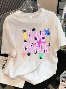 Camisetas de manga corta y cuello redondo para mujer con elegantes estampados sobre un fondo colorido, aptas para todas las estaciones. - Blanco - Ver 1