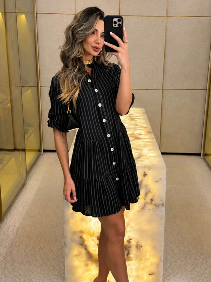Midi Flared Shirt Dress With Mandarin Collar, High Button-Down Shirt, Linen Beach Cover-Up, Long Sleeves, Ruffled Hem, Striped, Size 13. - Hitam - View 1