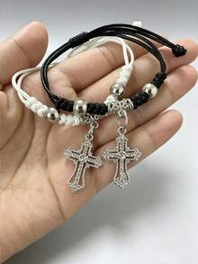 2pcs Fashionable Luxury Cross Rhinestone Sparkling Bracelet For Men And Women, Couple Bracelet - Silver - View 3