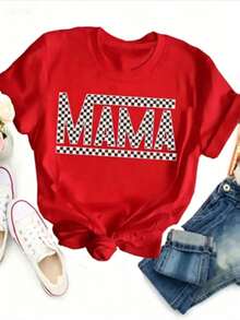 Women's-Shirt 1pcs Cotton Mama Letter Print Crew Neck-Shirt - Soft Mid-Elasticity Polyester Short Sleeve Top Spring & Summer - Relaxed Fit, Casual, - Đỏ - Xem 2